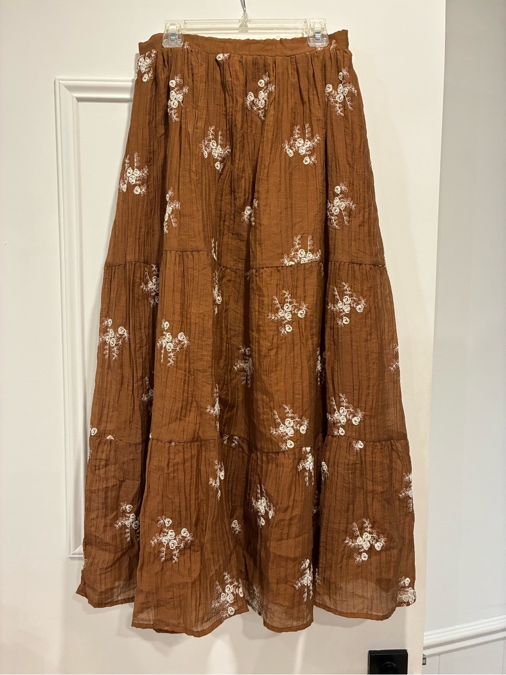 Women's Brown Tiered Floral Embroidered Maxi Skirt - Polagram brand